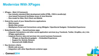 Modernize With XPages
 XPages – Web 2.0 framework
– Use industry standard Web development skills (HTML, CSS & JavaScript)
– Java based framework facilitates reuse of Java libraries
– One model for Web, Rich Client and Mobile
 Extend the reach of your Notes/Domino applications
– Web browser
– Mobile Web access
– WebSphere Portal and Connections using iWidgets / OpenSocial Gadgets / Embedded Experience
 Notes/Domino apps → Social business apps
– Integrate Connections and other social application services (e.g. Facebook, Twitter, DropBox, etc.) into
XPages applications
– Integrate Domino data and services into social business framework
• XPages as OpenSocial gadgets → Embedded Experience
• Support for Activity Streams
• Secured with SAML/OAuth
 Key decision criteria
– Mobile web access
– Integration with other OpenSocial container apps
24

 