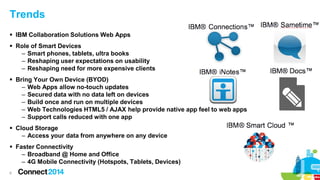 Trends
 IBM Collaboration Solutions Web Apps
 Role of Smart Devices
– Smart phones, tablets, ultra books
– Reshaping user expectations on usability
– Reshaping need for more expensive clients
 Bring Your Own Device (BYOD)
– Web Apps allow no-touch updates
– Secured data with no data left on devices
– Build once and run on multiple devices
– Web Technologies HTML5 / AJAX help provide native app feel to web apps
– Support calls reduced with one app
 Cloud Storage
– Access your data from anywhere on any device
 Faster Connectivity
– Broadband @ Home and Office
– 4G Mobile Connectivity (Hotspots, Tablets, Devices)
6

 