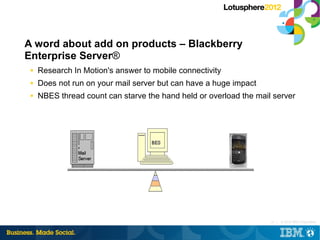 A word about add on products – Blackberry
Enterprise Server®
 ■   Research In Motion's answer to mobile connectivity
 ■   Does not run on your mail server but can have a huge impact
 ■   NBES thread count can starve the hand held or overload the mail server




                                                                    10 |   © 2012 IBM Corporation
 