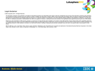 Legal disclaimer
© IBM Corporation 2012. All Rights Reserved.

  The information contained in this publication is provided for informational purposes only. While efforts were made to verify the completeness and accuracy of the information contained in this publication,
  it is provided AS IS without warranty of any kind, express or implied. In addition, this information is based on IBM’s current product plans and strategy, which are subject to change by IBM without notice.
  IBM shall not be responsible for any damages arising out of the use of, or otherwise related to, this publication or any other materials. Nothing contained in this publication is intended to, nor shall have
  the effect of, creating any warranties or representations from IBM or its suppliers or licensors, or altering the terms and conditions of the applicable license agreement governing the use of IBM software.

  References in this presentation to IBM products, programs, or services do not imply that they will be available in all countries in which IBM operates. Product release dates and/or capabilities referenced
  in this presentation may change at any time at IBM’s sole discretion based on market opportunities or other factors, and are not intended to be a commitment to future product or feature availability in any
  way. Nothing contained in these materials is intended to, nor shall have the effect of, stating or implying that any activities undertaken by you will result in any specific sales, revenue growth or other
  results.

  IBM, the IBM logo, Lotus, Lotus Notes, Notes, Domino, Quickr, Sametime, WebSphere, UC2, PartnerWorld and Lotusphere are trademarks of International Business Machines Corporation in the United
  States, other countries, or both. Unyte is a trademark of WebDialogs, Inc., in the United States, other countries, or both.




                                                                                                                                                                                     21 |   © 2012 IBM Corporation
 