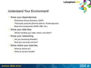Understand Your Environment!
■   Know your dependencies
     ─ Directories (Active Directory, LDAP)
     ─ Third-party products (Domino add-ins, Portal adjuncts)
     ─ Back-end components (WCM, DB2, etc.)
■   Know your data flow
     ─ What's handling your data, where, and when?
■   Know your networking
     ─ Are you traversing firewalls?
     ─ Must you use proxy servers?
■   Know where your load lies
     ─ What do clients do?
     ─ What do servers handle?




                                                                6 |   © 2012 IBM Corporation
 