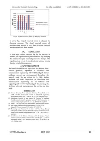 Int. Journal of Electrical & Electronics Engg. Vol. 2, Spl. Issue 1 (2015) e-ISSN: 1694-2310 | p-ISSN: 1694-2426
NITTTR, Chandigarh EDIT -2015 24
Fig. 6 Signals received power by changing antennas
In above Fig. 6signals received power is changed by
changing antennas. The signal received power of
omnidirectional antenna is more than the signal received
power of a switched beam antenna.
IV. CONCLUSION
In this paper author conclude that by the increase in
antenna gain signal received power increases. By changing
the antenna the signal received power also changes. The
signal received power of omnidirectional antenna is more
than the switched beam antenna.
REFERENCES
[1] Avinash Shivajirao Pawar and Atish Shivajirao Pawar,”Study of the
GSM network” International Journal of Advanced Engineering
Research and Studies, Vol. I, Issue III, pp. 287-292,April-June, 2012.
[2] XuLinQuan, RongLin Li and Manos M. Tentzeris,”A broadband
Omnidirectional circularly polarized antenna” IEEE transaction on
antennas and propagation, vol. 61, no. 5, pp. 2363-2370, may 2013.
[3] Joseph J. Carr, ratio tech-notes, directional or omnidirectional antenna.
[4] http://image.slidesharecdn.com/smartantenns-131023072120-
phpapp02/95/smart-antenna-5-638.jpg?cb=1394008133.
[5] Zhongding Lei, Francois P. S. Chin and Ying-Chang Liang,”
Orthogonal switched beam for downlink diversity transmission” IEEE
transaction on antennas and propagation, vol. 53, no. 7, pp. 2169-2177,
July 2005.
[6] S. Bellofiore, C. A. Balanis, J. Foutz, and A. S. Spanjas, “Smart-
antenna systems for mobile communication networks, part 1: Overview
and antenna design,” IEEE Antennas Propag. Mag., vol. 44, no. 3, pp.
145–154, Jun. 2002.
ACKNOWLEDGEMENT
We heartily thankful to our supervisor, Mrs. Garima Saini,
assistant professor, department of electronics and
communication engineering, NITTTR Chandigarh for her
guidance, support and encouragement throughout the
research work. We are obliged to Dr. SBL. Sachan
professor and head, department of electronics and
communication engineering and all technical and
supporting staff of NITTTR, Chandigarh for providing the
facilities, help and encouragement for carrying out this
work.
 