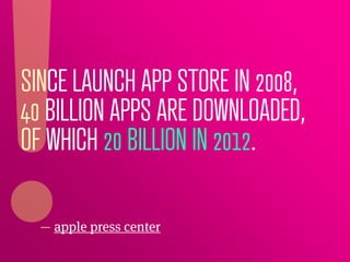 SINCE LAUNCH APP STORE IN 2008,
40 BILLION APPS ARE DOWNLOADED,
OF WHICH 20 BILLION IN 2012.

  — apple press center
 
