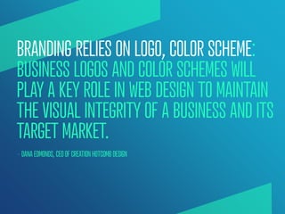 BRANDING RELIES ON LOGO, COLOR SCHEME:
BUSINESS LOGOS AND COLOR SCHEMES WILL
PLAY A KEY ROLE IN WEB DESIGN TO MAINTAIN
THE...