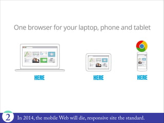 “Does it adapt to screen size?
Does it take advantage of device
capabilities?
Is it accessible anywhere?
Does it work well?
For our users, those are the
things that matter.”
—Jason Grigsby
2
 