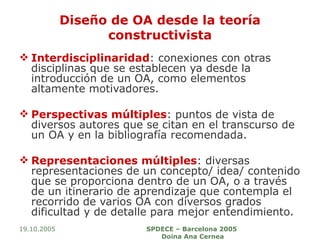 Diseño de OA desde la teoría constructivista Interdisciplinaridad : conexiones con otras disciplinas que se establecen ya desde la introducción de un OA, como elementos altamente motivadores.  Perspectivas múltiples : puntos de vista de diversos autores que se citan en el transcurso de un OA y en la bibliografía recomendada. Representaciones múltiples : diversas representaciones de un concepto/ idea/ contenido que se proporciona dentro de un OA, o a través de un itinerario de aprendizaje que contempla el recorrido de varios OA con diversos grados dificultad y de detalle para mejor entendimiento.  19.10.2005 SPDECE – Barcelona 2005  Doina Ana Cernea 