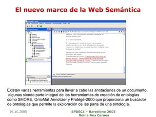 El nuevo marco de la Web Semántica 19.10.2005 SPDECE – Barcelona 2005  Doina Ana Cernea Existen varias herramientas para llevar a cabo las anotaciones de un documento, algunas siendo parte integral de las herramientas de creación de ontologías  como SMORE, OntoMat Annotizer y Protégé-2000 que proporciona un buscador  de ontologías que permite la exploración de las parte de una ontología.  