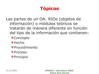 Tópicos Las partes de un OA: RIOs (objetos de información) o módulos teóricos se tratarán de manera diferente en función del tipo de la información que contienen: Concepto Hecho Procedimiento Proceso Principio 19.10.2005 SPDECE – Barcelona 2005  Doina Ana Cernea 