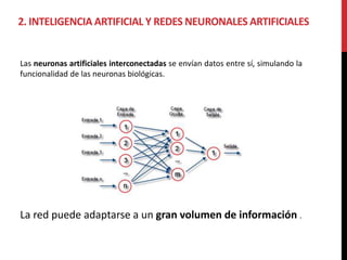 Las neuronas artificiales interconectadas se envían datos entre sí, simulando la
funcionalidad de las neuronas biológicas.
La red puede adaptarse a un gran volumen de información .
2. INTELIGENCIA ARTIFICIAL Y REDES NEURONALES ARTIFICIALES
 