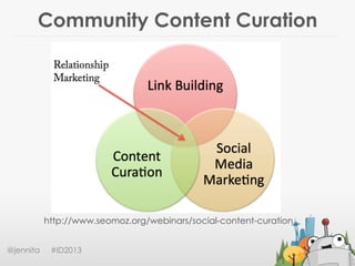 Community Content Curation
@jennita #ID2013
http://www.seomoz.org/webinars/social-content-curation
 