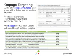 Onpage Targeting
A little bit of scraping knowledge goes
a long with in finding your competitor’s
keywords.
You’ll need this formula:
=LEFT(CELL,FIND(“(NBED
DIVIDER)",CELL,8)-1)
Use Scraper and 100 result Google
Advanced Search for faster scraping.
@dohertyjfJohn Doherty
 