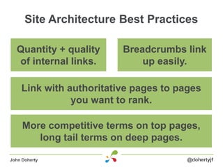 Site Architecture Best Practices
@dohertyjfJohn Doherty
Quantity + quality
of internal links.
Link with authoritative page...