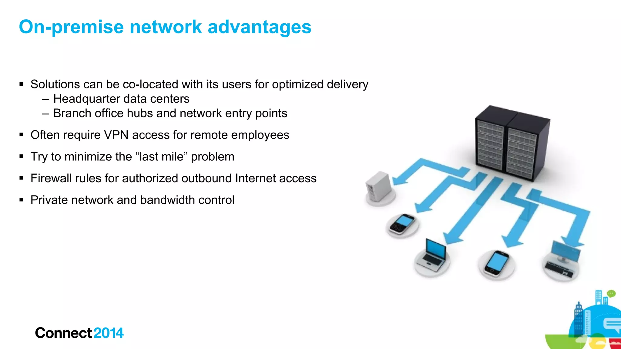 On-premise network advantages
 Solutions can be co-located with its users for optimized delivery
– Headquarter data centers
– Branch office hubs and network entry points
 Often require VPN access for remote employees
 Try to minimize the “last mile” problem
 Firewall rules for authorized outbound Internet access
 Private network and bandwidth control

 