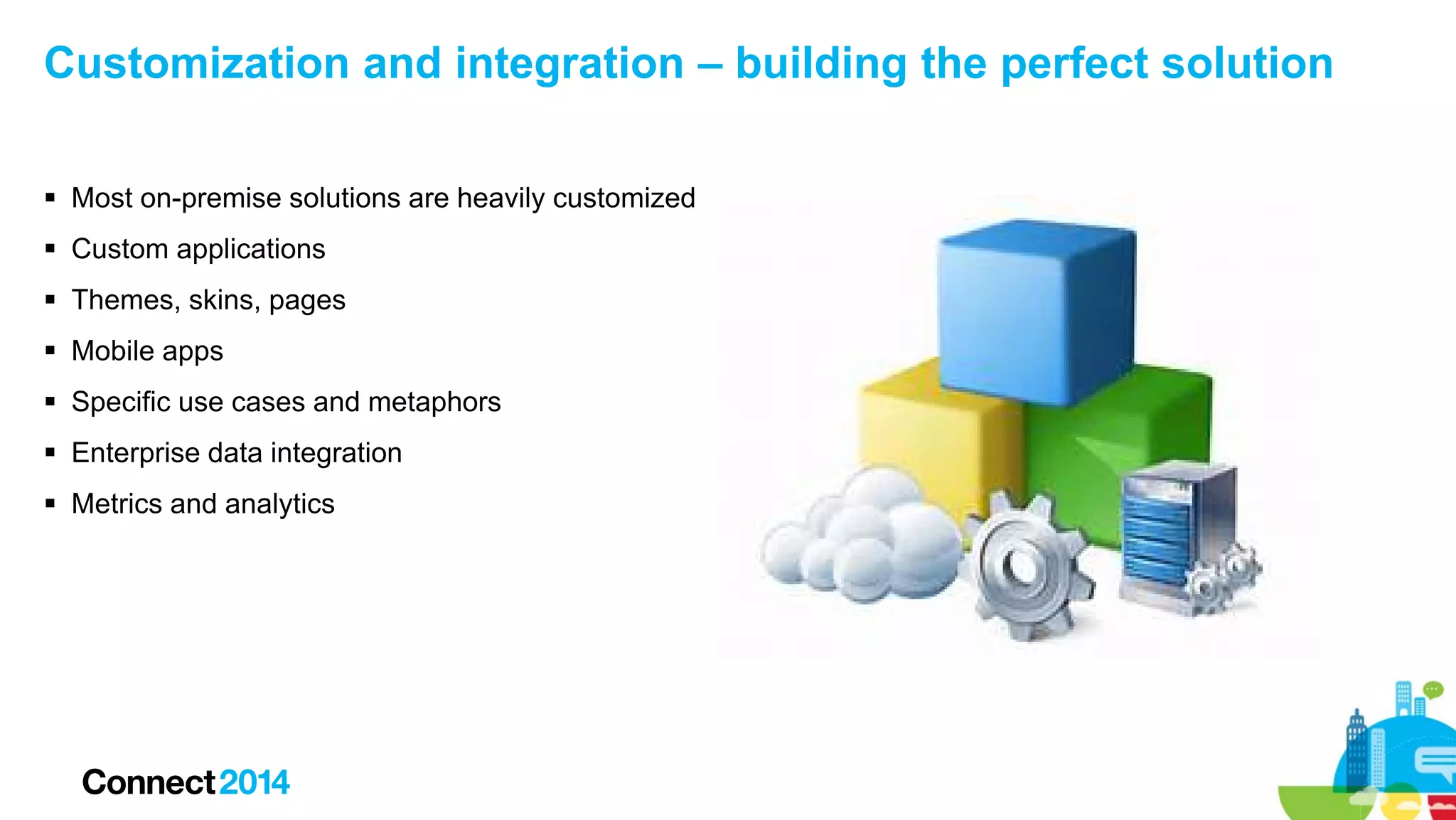 Customization and integration – building the perfect solution
 Most on-premise solutions are heavily customized
 Custom applications
 Themes, skins, pages
 Mobile apps
 Specific use cases and metaphors
 Enterprise data integration
 Metrics and analytics

 