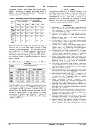 Int. Journal of Electrical & Electronics Engg. Vol. 2, Spl. Issue 1 (2015) e-ISSN: 1694-2310 | p-ISSN: 1694-2426
3 NITTTR, Chandigarh EDIT-2015
Empherical LEVEL-3 MOS model for different supply
voltages. Simulation of various schematics drawn in
DSCH-3.1 has been done in Microwind 3.1 . The results of
simulation are shown in Table-2.
Table 2. Comparison of three different logic style based 2-bit
comparator in terms of area consumption
Param
etes
45 nm Technology 90 nm Technology
CMO
S
GDI PTL CMOS GDI PTL
Area
(µm2
)
930.5 260.2 140 1891.6 527.1 296.7
Layout
Width
50.8 38.4 23.6 101.7 56.1 34.5
Layout
Height
18.3 6.8 6.0 18.6 9.4 8.6
Op.
Temp
.(0
C)
20 20 20 20 20 20
InputV
oltage
1.8 1.8 1.8 1.8 1.8 1.8
This table shows the comparison of three logic style in
terms of area at fixed input supply voltage of 1.8V
operating at same temperature . It is observed from the
above table that PTL based comparator has less area
consumption as compared to CMOS and GDI style for
both 45nm and 90nm technology. Finally, Table-3 shows
the simulation results for power consumption at different
supply voltages.
Table 3. Simulation results of 2-bit comparator with different
logic styles
Supply
Voltage
Power Consumption(µW)
45 nm Technology 90 nm Technology
CMOS GDI PTL CMOS GDI PTL
0.6 V .0834 .0391 .0518 .0784 .0148 .0358
0.8 V 0.153 0.111 0.117 0.225 .04798 .085454
1.0 V 0.245 0.248 0.212 0.403 0.102 0.162
1.2 V 0.371 0.462 0.334 0.688 0.213 0.277
1.4 V 0.522 0.753 0.484 1.020 0.387 0.424
1.8 V 0.915 1.509 0.864 1.884 0.931 0.784
2.0 V 1.159 1.964 1.093 2.436 1.291 0.998
From this table, it is observed that power dissipation is less
at 90nm at low voltage in case of CMOS technology but in
case of GDI and PTL logic 90nm has better results. It is
also observed that power dissipation increases with the
increase in power supply. If we compare the power
consumption of different logic style then PTL style will
provide better performance till 1.4V but above this voltage
GDI has good results.
VI. CONCLUSION
By performing simulation of all three logic styles at 45nm
and 90nm technology, the final results are obtained in
terms of transistor count, area and power consumption.
Implementation of PTL logic lead to usage of 28
transistors which is minimum as compared to others,
thereby it turns out to be area efficient. The simulation
results have been obtained on LEVEL-3 model.
REFRENCES
[1] Morgenshtein, A.; Fish, A.; Wagner, I.A., “Gate-diffusion input
(GDI): A Power efficient method for digital combinational circuits,”
IEEE Transaction on Very Large Scale Integration (VLSI) Systems,
vol. 10 , no. 5 ,pp. 566 - 581 , 2002.
[2] N.Weste and D.Harris, CMOS VLSI Design: A Circuits and System
Perspective, 3rd ed. Reading, MA, USA: Addison-Wesley May
2004.
[3] Microwind and DSCH version 3.1, User’s Manual, Copyright 1997-
2007, Microwind INSA France.
[4] H.-.M.Lam and C.-Y. Tsui, “A MUX-based high-performance
single-cycle CMOS comparator,” IEEE Transaction on Circuits
System II, vol.54, no.7, pp.591-595, 2007.
[5] Chiou-Kou Tung; Yu-Cherng Hung; Shao-Hui Shieh; Guo-Shing
Huang, “ A low -power high-speed hybrid CMOS full adder for
Embedded System,” IEEE transactions on Design and Diagnostics
of Electronic Circuits and Systems, vol.13, no.6, pp.1- 4, 2007.
[6] Geetanjali Sharma, Uma Nirmal, Yogesh Mishra, “A Low power 8-
bit magnitude comparator with small transistor count using hybrid
PTL/CMOS logic,” International Journal of Computational
Engineering & Management, vol. 2, no. 2, pp.110-115, 2011.
[7] Subodh Wairya, Rajendra Kumar Nagaria ,Sudarshan Tiwari,
“Comparative performance analysis of XOR/XNOR function based
high-speed CMOS full adder circuits for low voltage VLSI design,”
International Journal of VLSI Design & Communication
System,vol.3, no.2, pp. 221-242, 2012.
[8] Laxmi Kumre , Ajay Somkuwar, Ganga Agnihotri, “Design of low
power 8 bit GDI magnitude comparator,” International Journal of
Emerging Technologies in Computational and Applied Sciences
(IJETCAS),vol.4,pp.102-108, 2013.
[9] Anjuli and Satyajit Anand , “2- Bit magnitude comparator design
using different logic styles,” International Journal of Engineering
Science Invention , vol. 2 ,no. 1, pp.13-24, 2013.
[10] Anjali Sharma,Richa Singh, Pankaj Kajla , “ Area efficient 1-bit
comparator design by using hybridized full adder module based on
PTL and GDI logic,” International Journal of Computer
Applications, vol.82, no.10, pp. 5-13, 2013.
[11] Arkadiy Morgenshtein, Viacheslav Yuzhaninov, Alexey
Kovshilovsky, Alexander Fish, “Full-swing Gate Diffusion input
logic,” Integration, the VLSI journal, vol.47,pp. 62-70,2014.
[12] Pooja Singh , Rajesh Mehra, “Design analysis of XOR Gates using
CMOS & Pass Transistor Logic,” National Student Conference on
Advances in Electrical & Information Communication Technology,
AEICT-2014,pp.264-267, 2014.
[13] K.Rajasekhar, P.Sowjanya, V.Umakiranmai, R.Harish, M.Krishna ,
“Design and analysis of comparator using different logic style of
full adder,” International journal of Engineering Research and
Applications,vol.4, no.4, pp.389-393, 2014.
[14] Anjali Sharma, Rajesh Mehra, “Area and power efficient CMOS
adder design by hybridizing PTL and GDI Technique,” International
Journal of Computer Applications, vol.66, no. 4, pp. 15-22.
[15] Sharma.A, Sharma.P, “Area and power efficient 4-bit comparator
design by using 1-bit full adder module,” IEEE conference on
Parallel, Distributed and Grid Computing, pp. 1-6, 2014.
 