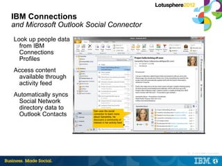 IBM Connections
and Microsoft Outlook Social Connector
Look up people data
  from IBM
  Connections
  Profiles
Access content
 available through
 activity feed
Automatically syncs
 Social Network
 directory data to
 Outlook Contacts




                                         17 © 2012 IBM Corporation
                                          |
 