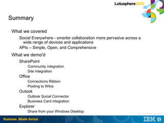Summary

What we covered
   Social Everywhere - smarter collaboration more pervasive across a
    wide range of devices and applications
   APIs – Simple, Open, and Comprehensive
What we demo'd
   SharePoint
       Community integration
       Site integration
   Office
       Connections Ribbon
       Posting to Wikis
   Outook
       Outlook Social Connector
       Business Card integration
   Explorer
       Share from your Windows Desktop                            24 © 2012 IBM Corporation
                                                                   |
 