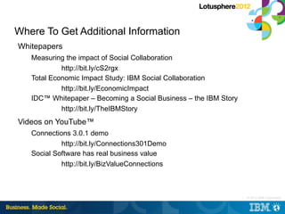 Where To Get Additional Information
Whitepapers
   Measuring the impact of Social Collaboration
            http://bit.ly/cS2rgx
   Total Economic Impact Study: IBM Social Collaboration
            http://bit.ly/EconomicImpact
   IDC™ Whitepaper – Becoming a Social Business – the IBM Story
            http://bit.ly/TheIBMStory
Videos on YouTube™
   Connections 3.0.1 demo
            http://bit.ly/Connections301Demo
   Social Software has real business value
            http://bit.ly/BizValueConnections



                                                                  |   © 2012 IBM Corporation
 