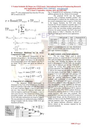 Y Venkat Seshaiah, B.Chinna rao, P.M.Francis / International Journal of Engineering Research
                and Applications (IJERA) ISSN: 2248-9622 www.ijera.com
                    Vol. 2, Issue 5, September- October 2012, pp.1458-1462
where     is the compensated bias from the TP to the     Fig. 2. Proposed ECAT architecture of shifting and
MP as listed in (6)–(8)                                  addition operators for the (P,Q)=(12,6) example
                                                                   The proposed ECAT has the highest
                                                         accuracy with a moderate areadelay product. The
                                                         shift-and-add [7] method has the smallest area, but
                                                         the overall computation time is equal to 10.8ns that
                                                  (6)    is the longest. Similarly, the SAT [10], which
                                                         truncates the TP and computes in parallel, takes 3.72
                                                         ns to complete the computation and uses 406 gates,
                                                         which is the best area-delay product performance.
                                                         However, for system accuracy, the SAT is the worst
                                                         option shown in Table I. Therefore, the ECAT is
                                                         suitable for high-speed and low-error applications.
                                            (7)




                                                         TABLE 1: COMPARISONS OF THE PROPOSED
                                                         ECAT WITH OTHER ARCHITECTURES FOR A
                                               (8)       SIX 8-BIT WORDS EXAMPLE
B. Performance Simulation for an Error-
Compensated Circuit                                      IV. DISCUSSION AND COMPARISONS
         In this subsection, comparisons of the                   The test image “Lena” used to check
absolute average error ξ , the maximum error ξmax,       system accuracy is comprised of 512 X 512 pixels
and the mean square error ξm.se for the proposed         with each pixel being represented by 8-bit 256 gray
error-compensated circuit with Direct-T and Post-T       level data. After inputting the original test image
are listed. The ξ,, ξmax and ξm.se are defined as        pixels to the proposed 2-D DCT core, the transform
follows:                                                 output data is captured and fed into MATLAB to
                                                         compute the inverse DCT using 64-bit double-
                                                         precision operations. The PSNRs are close to 44 and
                                                         47 dB for test image and for random 8-bit 256 gray
                                                         level data inputs, receptively. Table II compares the
                                                         proposed 8 X 8 2-D DCT core with previous 2-D
                                                         DCT cores. In [3], a multiplier-based DCT core
                                                         based on pipeline radix-4square single delay
                                                         feedback path architecture to achieve high-speed
C. Proposed ECAT Architecture                            design. The ROM-based DCT core is presented in
          The proposed ECAT architecture is              [4] to reduce adders to reduce the chip area of DCT
illustrated in Fig. 2 for (P,Q)=(12,6) (case 3), where   core. Nevertheless, a speed limitation for shift-and-
block FA indicates a full-adder cell with three inputs   add is in NEDA design. In [10] and [11], the SAT
(a, b, and c) and two outputs, a sum (s) and a carry-    and AT architectures for DA-based DCTs improve
out (co). Also, block HA indicates half-adder cell       the throughput rate of the NEDA method. However,
with two inputs (a and b) and two outputs, a sum (s)     DA-precision must be chosen as 13 bits to meet the
and a carry-out (co). The comparisons of area, delay,    system accuracy with more area overhead. The
area-delay product, and accuracy for the proposed        proposed DCT core uses low-error ECAT to achieve
ECAT with other architectures are listed in Table II.    a high-speed design, and the DA-precision can be
The area and delay are synthesized using a Synopsys      chosen as 9 bits to meet the PSNR requirements for
Design Compiler with the Artisan TSMC 0.18- μm           reducing hardware costs. The proposed DCT core
Standard cell library.                                   has the highest hardware efficiency, defined as
                                                         follows (based on the accuracy required by the
                                                         presented standards).




                                                                                             1460 | P a g e
 
