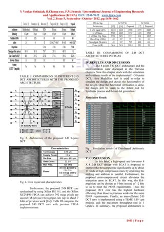 Y Venkat Seshaiah, B.Chinna rao, P.M.Francis / International Journal of Engineering Research
                and Applications (IJERA) ISSN: 2248-9622 www.ijera.com
                    Vol. 2, Issue 5, September- October 2012, pp.1458-1462




                                                       TABLE III: COMPARISONS OF 2-D DCT
                                                       ARCHITECTURES IN FPGAS

                                                       IV.RESULTS AND DISCUSSION
                                                                The 8-point 1-D DCT architecture and the
                                                       implementation were discussed in the previous
                                                       chapters. Now this chapter deals with the simulation
TABLE II :COMPARISONS OF DIFFERENT 2-D                 and synthesis results of the implemented 1-D 8-point
DCT ARCHITECTURES WITH THE PROPOSED                    DCT. Here ModelSim tool is used in order to
ARCHITECTURE                                           simulate the design and checks the functionality of
                                                       the design. Once the functional verification is done,
                                                       the design will be taken to the Xilinx tool for
                                                       Synthesis process and the net-list generation.

                                                       Simulation Result:




Fig. 3. Architecture of the proposed 1-D 8-point
DCT

                                                       Fig : Simulation results of Distributed Arithmatic
                                                       DCT

                                                       V. CONCLUSION
                                                                In this brief, a high-speed and low-error 8
                                                       X 8 2-D DCT design with ECAT is proposed to
                                                       improve the throughput rate significantly up to about
                                                       13 folds at high compression rates by operating the
                                                       shifting and addition in parallel. Furthermore, the
                                                       proposed error-compensated circuit alleviates the
                                                       truncation error in ECAT. In this way, the DA-
Fig. 4. Core layout and characteristics
                                                       precision can be chosen as 9 bits instead of 12 bits
                                                       so as to meet the PSNR requirements. Thus, the
         Furthermore, the proposed 2-D DCT core
                                                       proposed DCT core has the highest hardware
synthesized by using Xilinx ISE 9.1, and the Xilinx
                                                       efficiency than those in previous works for the same
XC2VP30 FPGA can achieve 792 mega pixels per
                                                       PSNR requirements. Finally, an area-efficient 2-D
second (M-pels/sec) throughput rate (up to about 7
                                                       DCT core is implemented using a TSMC 0.18- μm
folds of previous work [16]). Table III compares the
                                                       process, and the maximum throughput rate is 1
proposed 2-D DCT core with previous FPGA
                                                       Gpels/s. In summary, the proposed architecture is
implementations.



                                                                                           1461 | P a g e
 