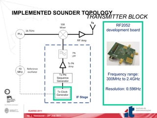 IMPLEMENTED SOUNDER TOPOLOGY TRANSMITTER BLOCK RF2052 development board Frequency range: 300MHz to 2.4GHz Resolution: 0.596Hz IGARSS 2011 |  Vancouver – 29 th  July 2011 