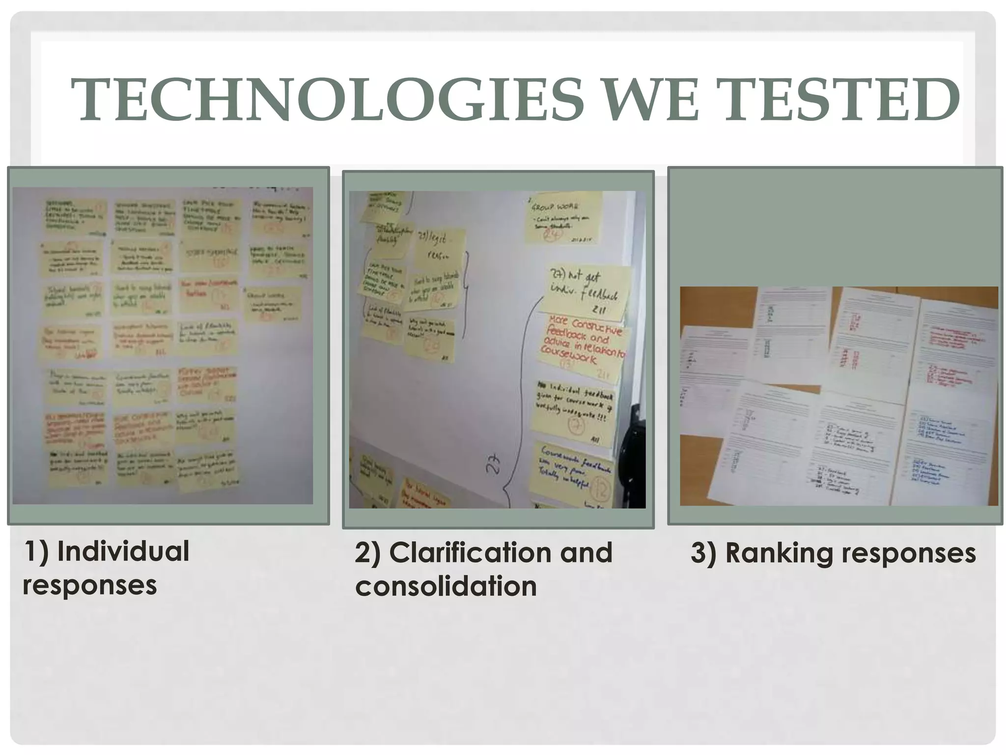 TECHNOLOGIES WE TESTED




1) Individual   2) Clarification and   3) Ranking responses
responses       consolidation
 