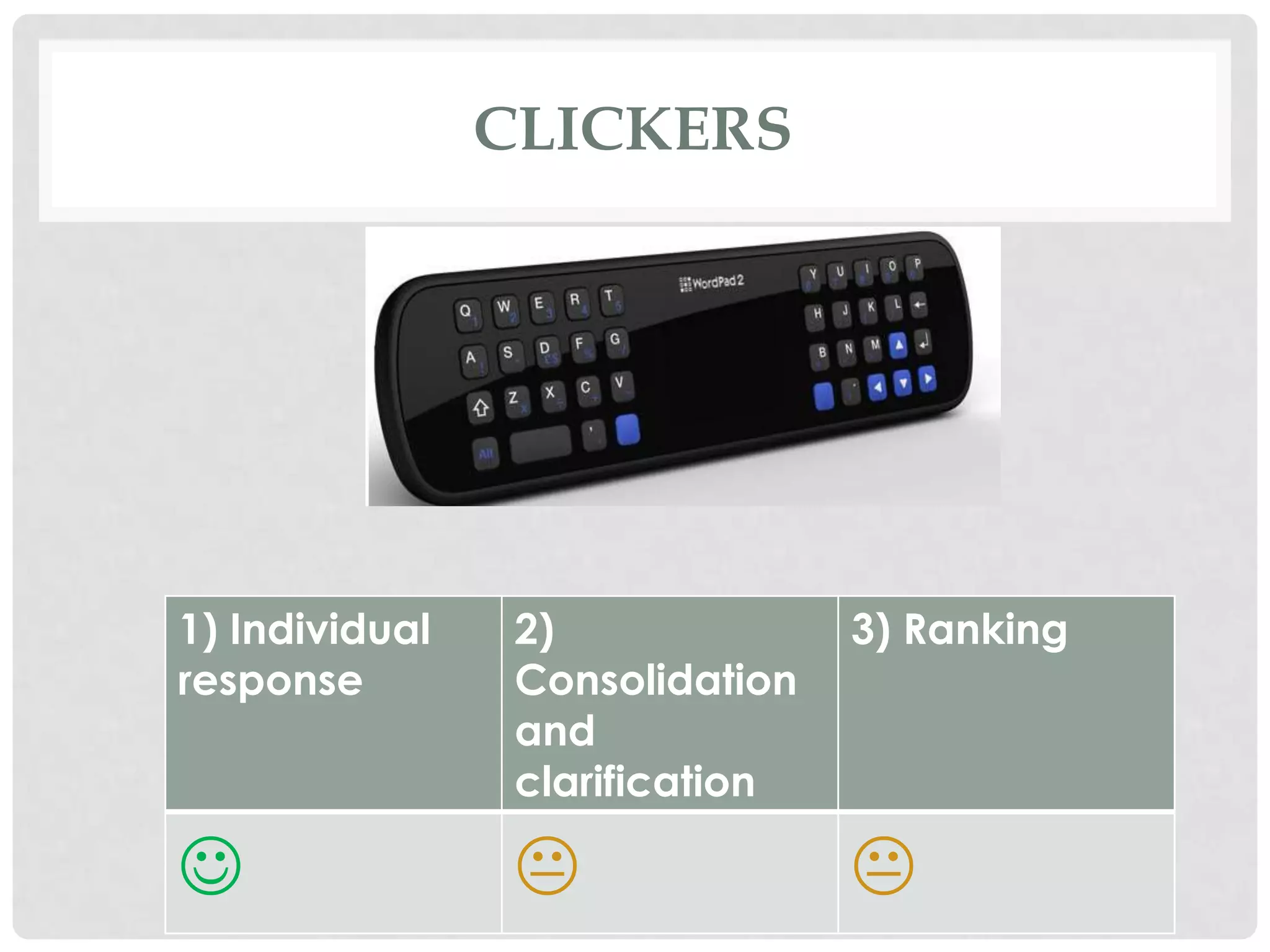 CLICKERS




1) Individual    2)              3) Ranking
response         Consolidation
                 and
                 clarification

                               
 