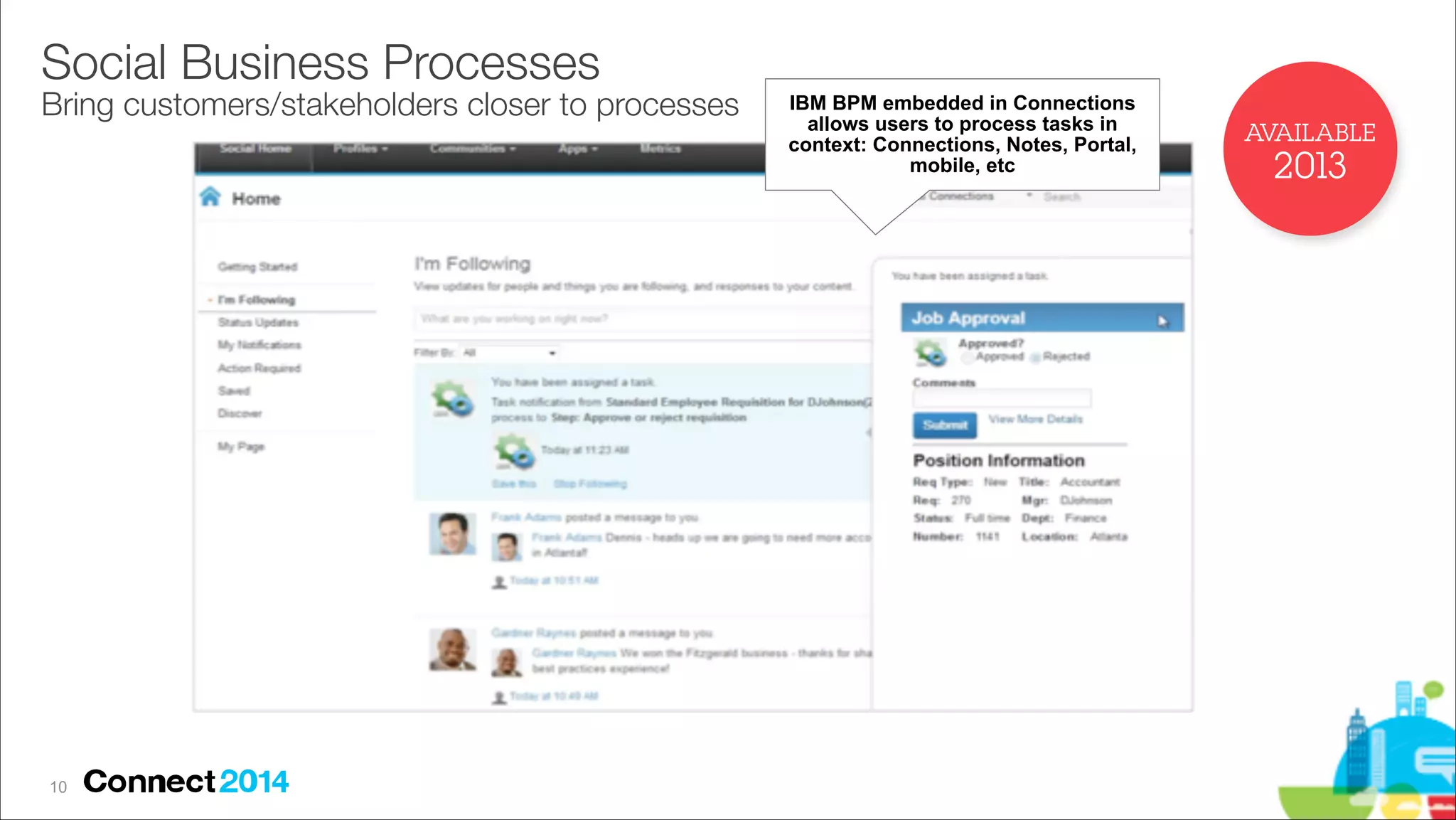 Social Business Processes 

Bring customers/stakeholders closer to processes

!10

IBM BPM embedded in Connections
allows users to process tasks in
context: Connections, Notes, Portal,
mobile, etc

AVAILABLE
AVAILABLE

2013
2013

 