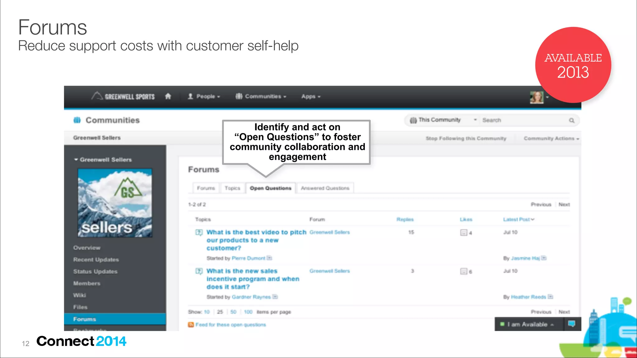 Forums 

Reduce support costs with customer self-help
AVAILABLE

2013
Identify and act on
“Open Questions” to foster
community collaboration and
engagement

!12

 