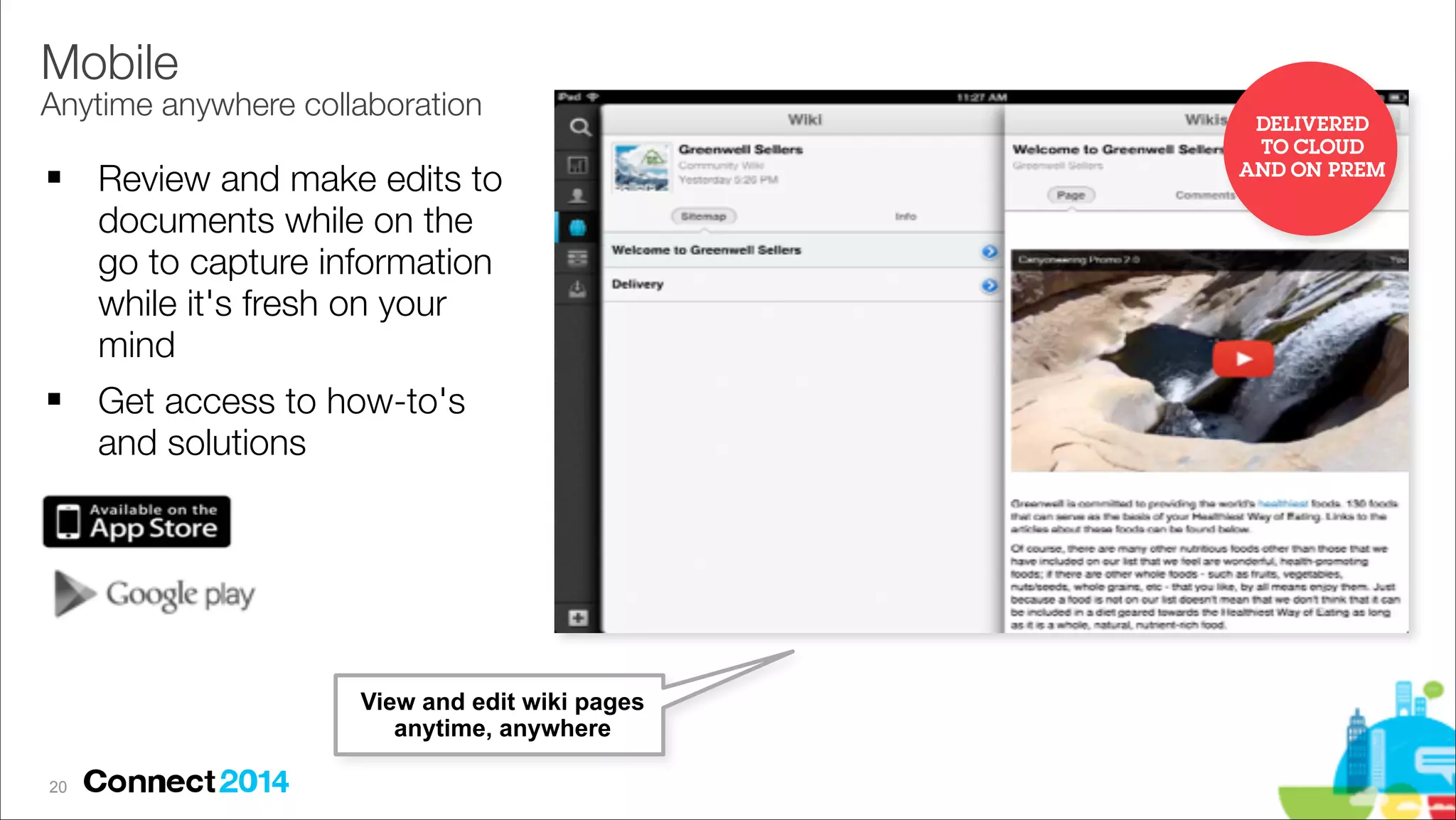 Mobile 

Anytime anywhere collaboration
!

!

Review and make edits to
documents while on the
go to capture information
while it's fresh on your
mind
Get access to how-to's
and solutions

View and edit wiki pages
anytime, anywhere
!20

DELIVERED
TO CLOUD
AND ON PREM

 