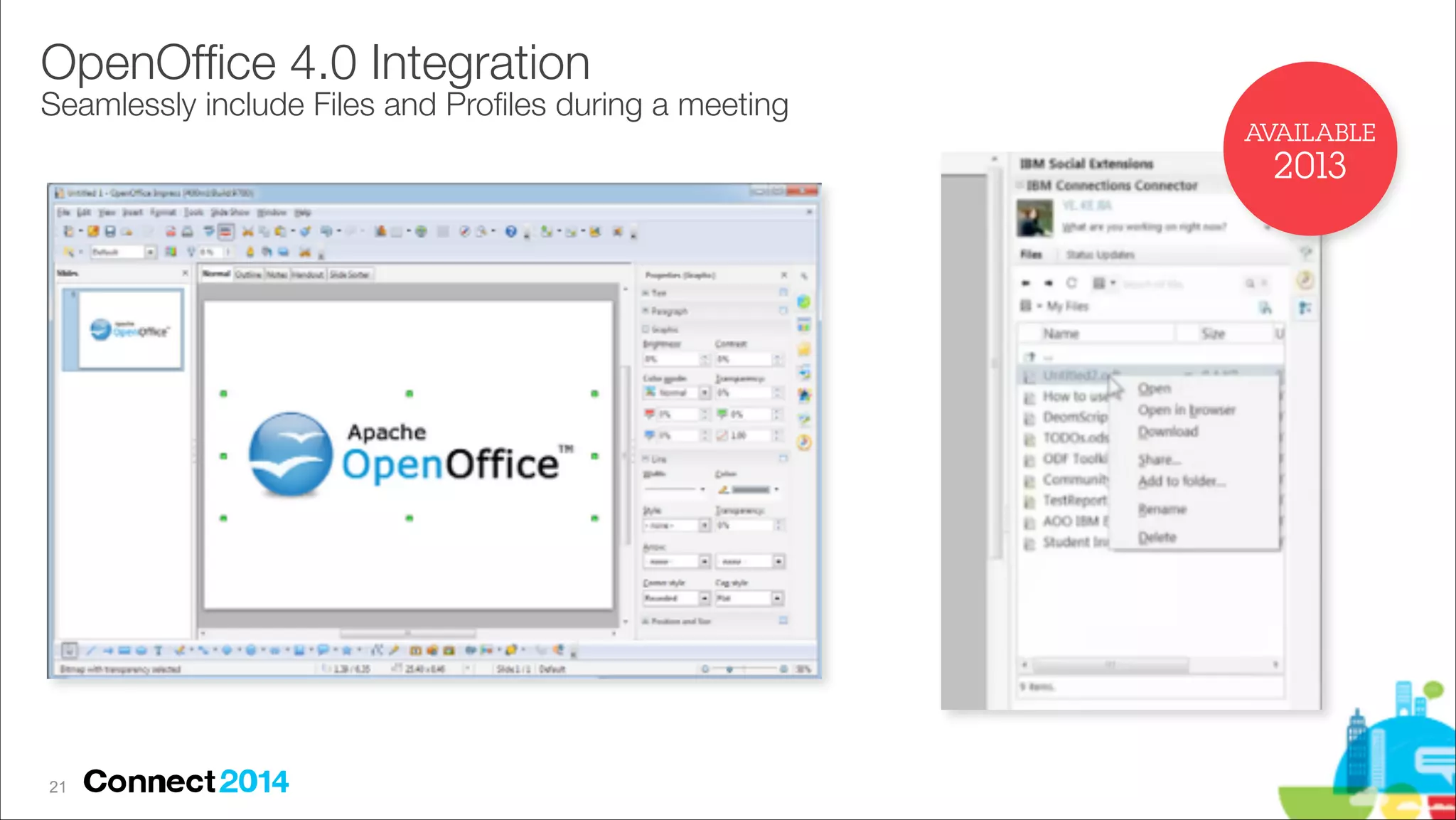 OpenOfﬁce 4.0 Integration 

Seamlessly include Files and Proﬁles during a meeting
AVAILABLE

2013

!21

 