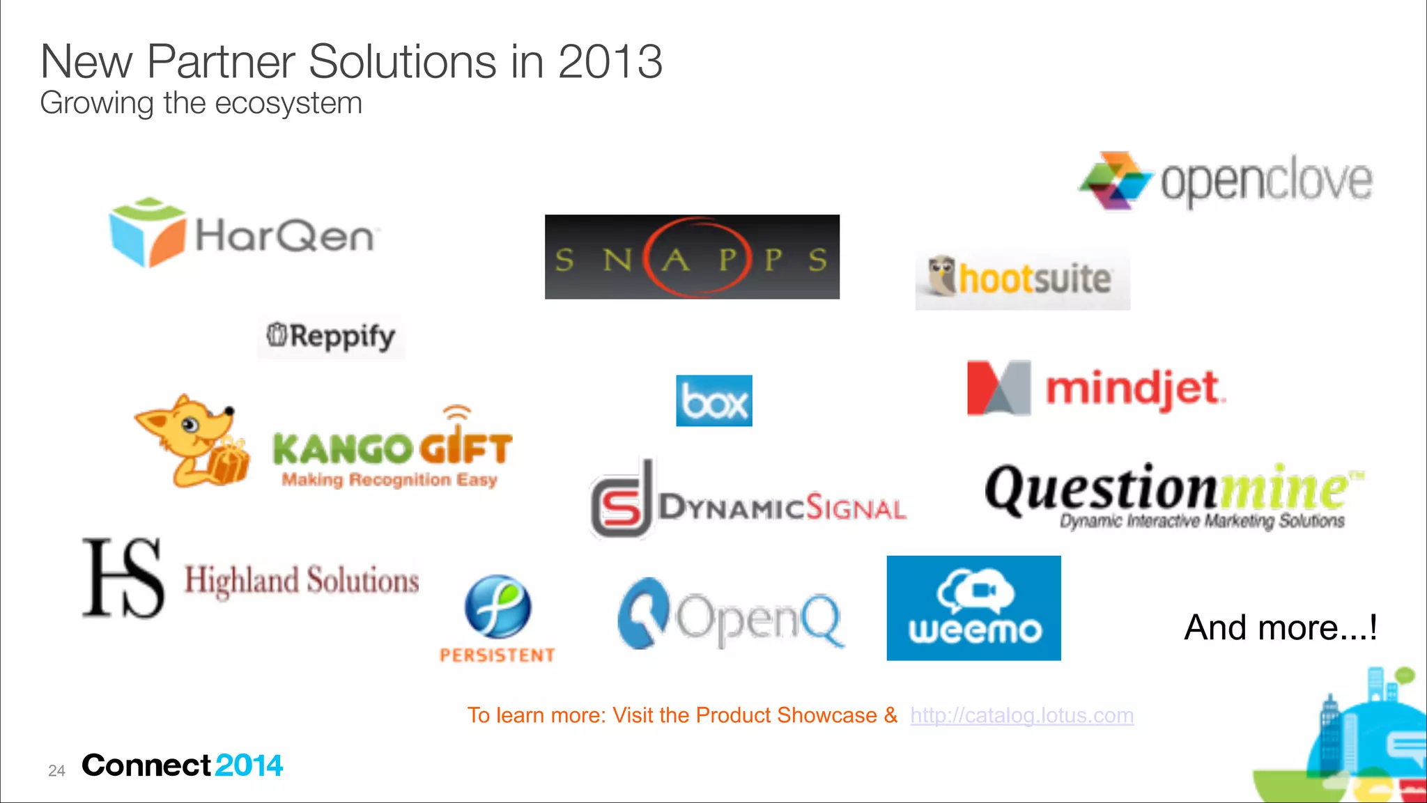 New Partner Solutions in 2013 
Growing the ecosystem

And more...!
To learn more: Visit the Product Showcase & http://catalog.lotus.com
!24

 