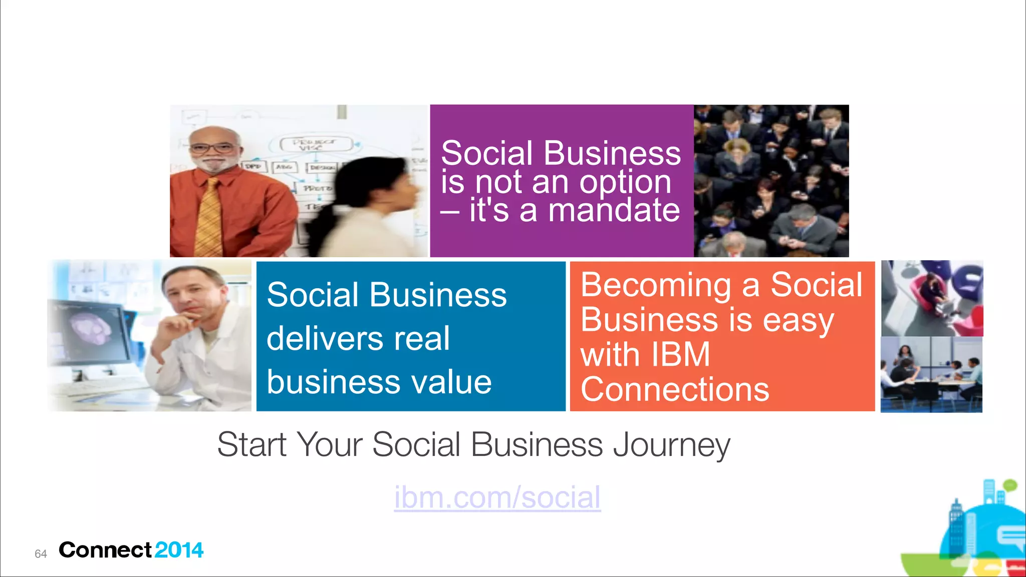 Social Business
is not an option
– it's a mandate
Social Business
delivers real
business value

Becoming a Social
Business is easy
with IBM
Connections

Start Your Social Business Journey
ibm.com/social
!64

 