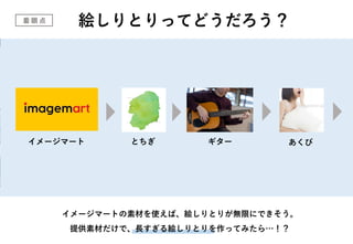 絵しりとりってどうだろう？
着 眼 点
イメージマート とちぎ ギター
イメージマートの素材を使えば、絵しりとりが無限にできそう。
提供素材だけで、長すぎる絵しりとりを作ってみたら…！？
あくび
 