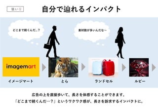 狙 い ①
自分で辿れるインパクト
広告の上を直接歩いて、長さを体感することができます。
「どこまで続くんだ…？」というワクワク感が、長さを訴求するインパクトに。
イメージマート とら ランドセル ルビー
どこまで続くんだ…？ 素材数が多いんだな～
 