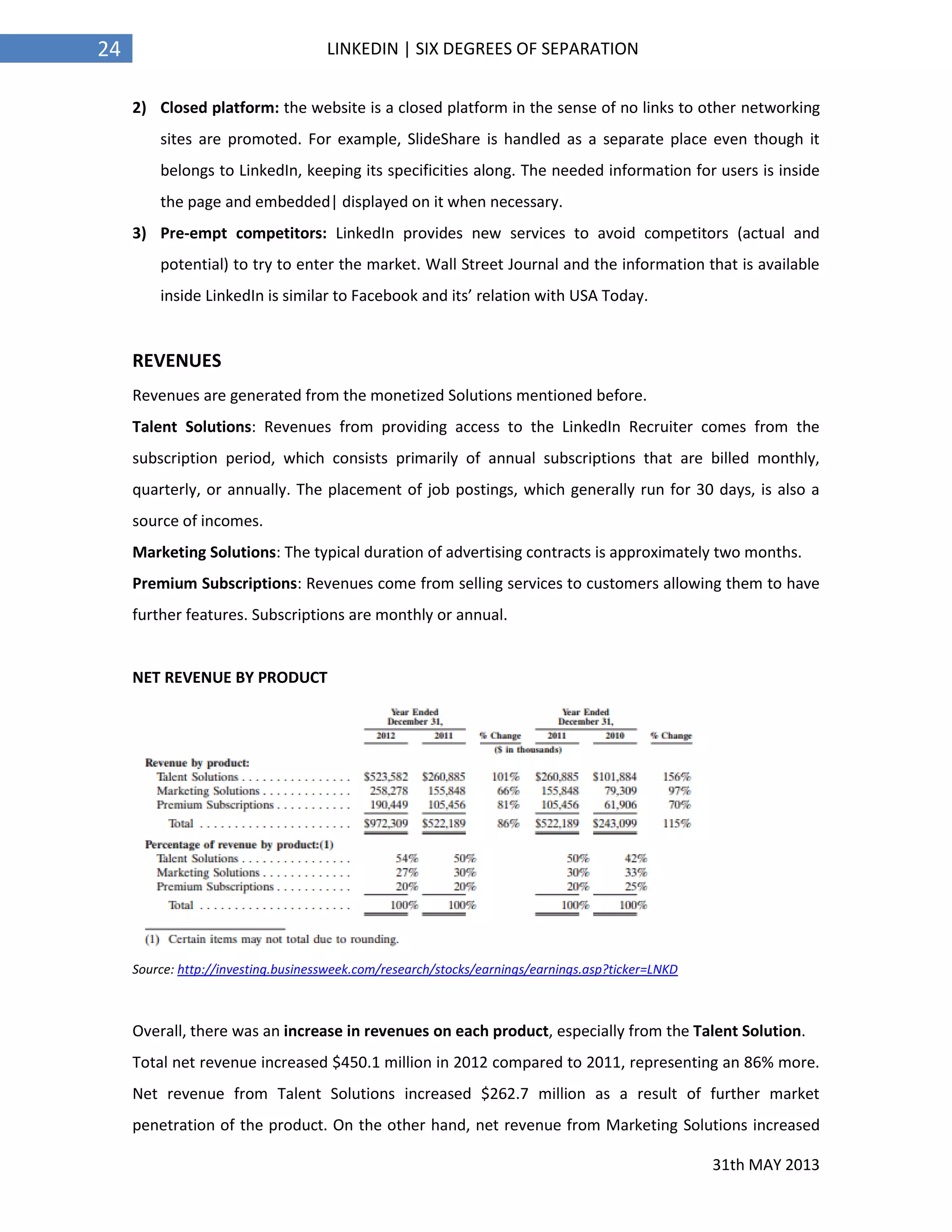 31th MAY 2013
24 LINKEDIN | SIX DEGREES OF SEPARATION
2) Closed platform: the website is a closed platform in the sense of no links to other networking
sites are promoted. For example, SlideShare is handled as a separate place even though it
belongs to LinkedIn, keeping its specificities along. The needed information for users is inside
the page and embedded| displayed on it when necessary.
3) Pre-empt competitors: LinkedIn provides new services to avoid competitors (actual and
potential) to try to enter the market. Wall Street Journal and the information that is available
inside LinkedIn is similar to Facebook and its’ relation with USA Today.
REVENUES
Revenues are generated from the monetized Solutions mentioned before.
Talent Solutions: Revenues from providing access to the LinkedIn Recruiter comes from the
subscription period, which consists primarily of annual subscriptions that are billed monthly,
quarterly, or annually. The placement of job postings, which generally run for 30 days, is also a
source of incomes.
Marketing Solutions: The typical duration of advertising contracts is approximately two months.
Premium Subscriptions: Revenues come from selling services to customers allowing them to have
further features. Subscriptions are monthly or annual.
NET REVENUE BY PRODUCT
Source: http://investing.businessweek.com/research/stocks/earnings/earnings.asp?ticker=LNKD
Overall, there was an increase in revenues on each product, especially from the Talent Solution.
Total net revenue increased $450.1 million in 2012 compared to 2011, representing an 86% more.
Net revenue from Talent Solutions increased $262.7 million as a result of further market
penetration of the product. On the other hand, net revenue from Marketing Solutions increased
 