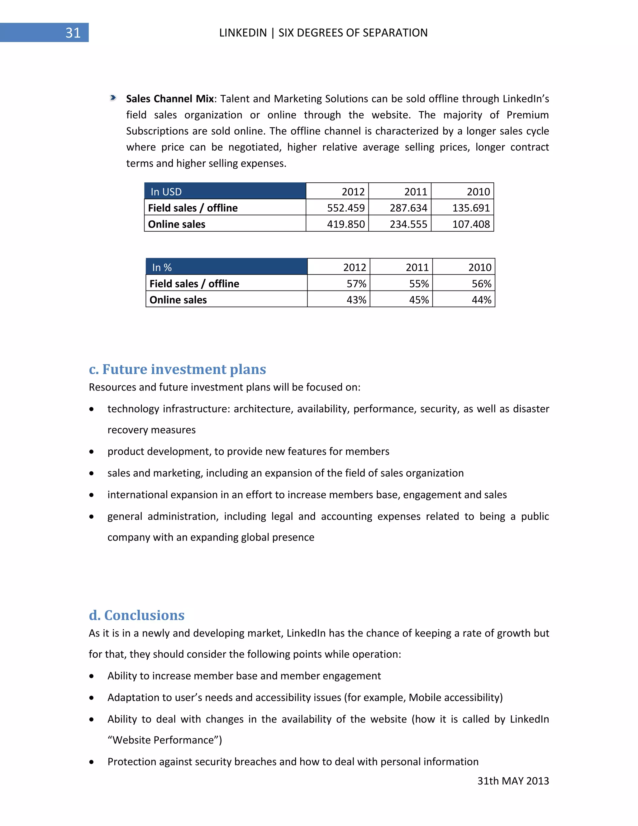 31th MAY 2013
31 LINKEDIN | SIX DEGREES OF SEPARATION
Sales Channel Mix: Talent and Marketing Solutions can be sold offline through LinkedIn’s
field sales organization or online through the website. The majority of Premium
Subscriptions are sold online. The offline channel is characterized by a longer sales cycle
where price can be negotiated, higher relative average selling prices, longer contract
terms and higher selling expenses.
In USD 2012 2011 2010
Field sales / offline 552.459 287.634 135.691
Online sales 419.850 234.555 107.408
c. Future investment plans
Resources and future investment plans will be focused on:
 technology infrastructure: architecture, availability, performance, security, as well as disaster
recovery measures
 product development, to provide new features for members
 sales and marketing, including an expansion of the field of sales organization
 international expansion in an effort to increase members base, engagement and sales
 general administration, including legal and accounting expenses related to being a public
company with an expanding global presence
d. Conclusions
As it is in a newly and developing market, LinkedIn has the chance of keeping a rate of growth but
for that, they should consider the following points while operation:
 Ability to increase member base and member engagement
 Adaptation to user’s needs and accessibility issues (for example, Mobile accessibility)
 Ability to deal with changes in the availability of the website (how it is called by LinkedIn
“Website Performance”)
 Protection against security breaches and how to deal with personal information
In % 2012 2011 2010
Field sales / offline 57% 55% 56%
Online sales 43% 45% 44%
 