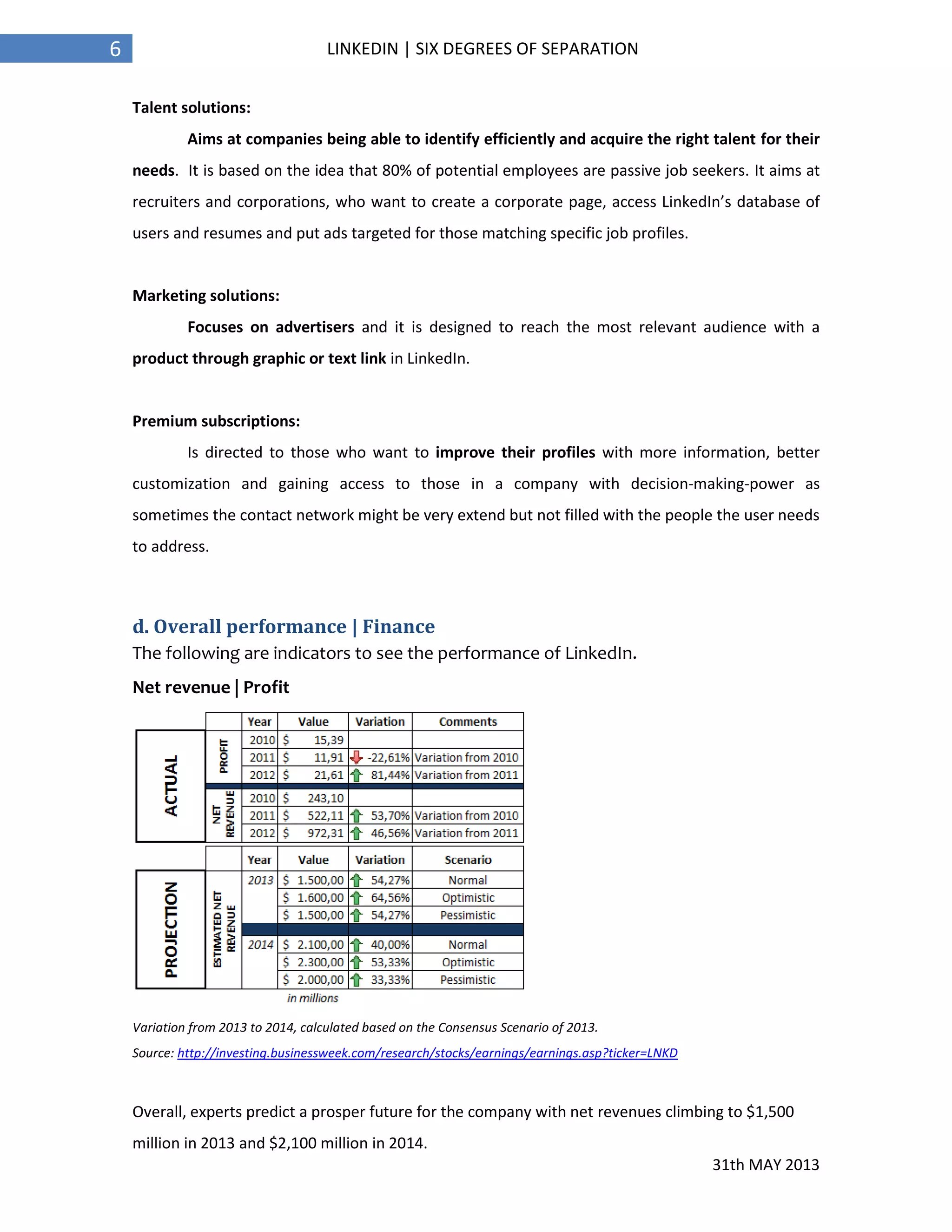 31th MAY 2013
6 LINKEDIN | SIX DEGREES OF SEPARATION
Talent solutions:
Aims at companies being able to identify efficiently and acquire the right talent for their
needs. It is based on the idea that 80% of potential employees are passive job seekers. It aims at
recruiters and corporations, who want to create a corporate page, access LinkedIn’s database of
users and resumes and put ads targeted for those matching specific job profiles.
Marketing solutions:
Focuses on advertisers and it is designed to reach the most relevant audience with a
product through graphic or text link in LinkedIn.
Premium subscriptions:
Is directed to those who want to improve their profiles with more information, better
customization and gaining access to those in a company with decision-making-power as
sometimes the contact network might be very extend but not filled with the people the user needs
to address.
d. Overall performance | Finance
The following are indicators to see the performance of LinkedIn.
Net revenue | Profit
Variation from 2013 to 2014, calculated based on the Consensus Scenario of 2013.
Source: http://investing.businessweek.com/research/stocks/earnings/earnings.asp?ticker=LNKD
Overall, experts predict a prosper future for the company with net revenues climbing to $1,500
million in 2013 and $2,100 million in 2014.
 
