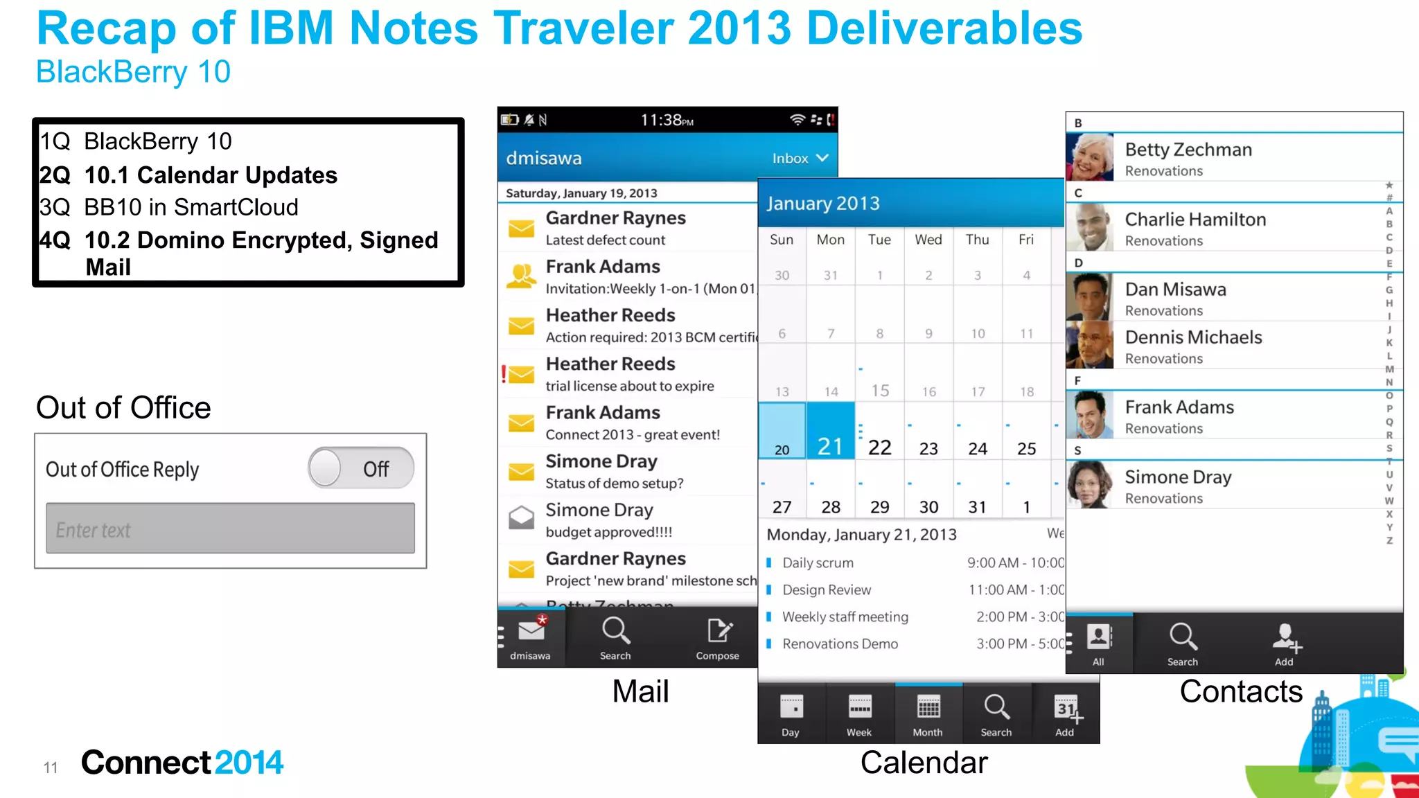 Recap of IBM Notes Traveler 2013 Deliverables
BlackBerry 10
1Q
2Q
3Q
4Q

BlackBerry 10
10.1 Calendar Updates
BB10 in SmartCloud
10.2 Domino Encrypted, Signed
Mail

Out of Office

Mail
11

Contacts
Calendar

 