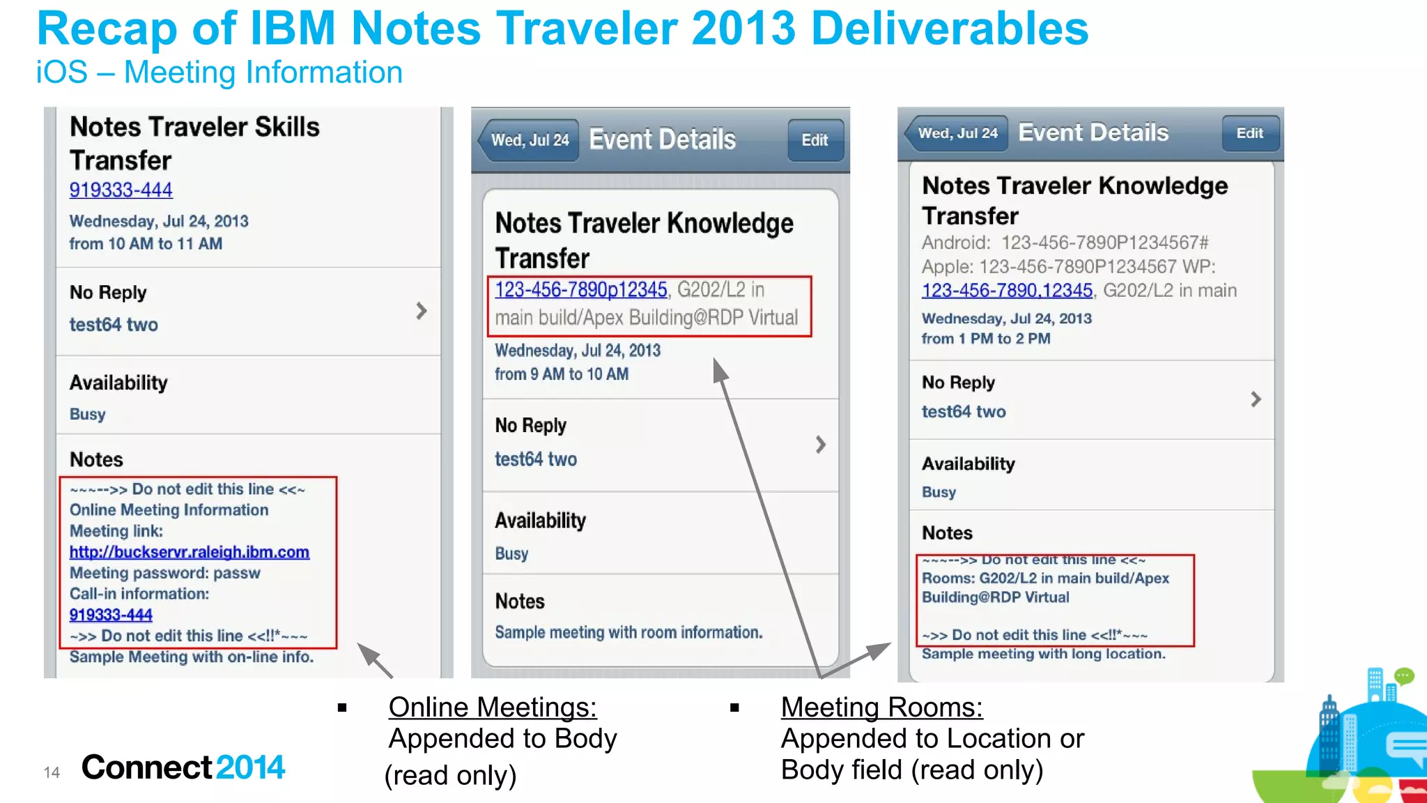 Recap of IBM Notes Traveler 2013 Deliverables
iOS – Meeting Information



14

Online Meetings:
Appended to Body
(read only)



Meeting Rooms:
Appended to Location or
Body field (read only)

 