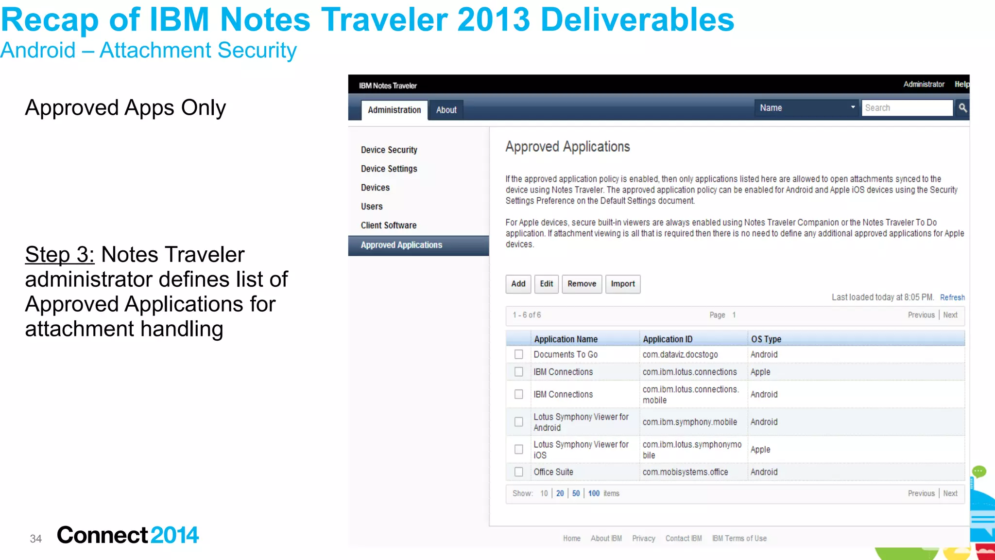 Recap of IBM Notes Traveler 2013 Deliverables
Android – Attachment Security
Approved Apps Only

Step 3: Notes Traveler
administrator defines list of
Approved Applications for
attachment handling

34

 