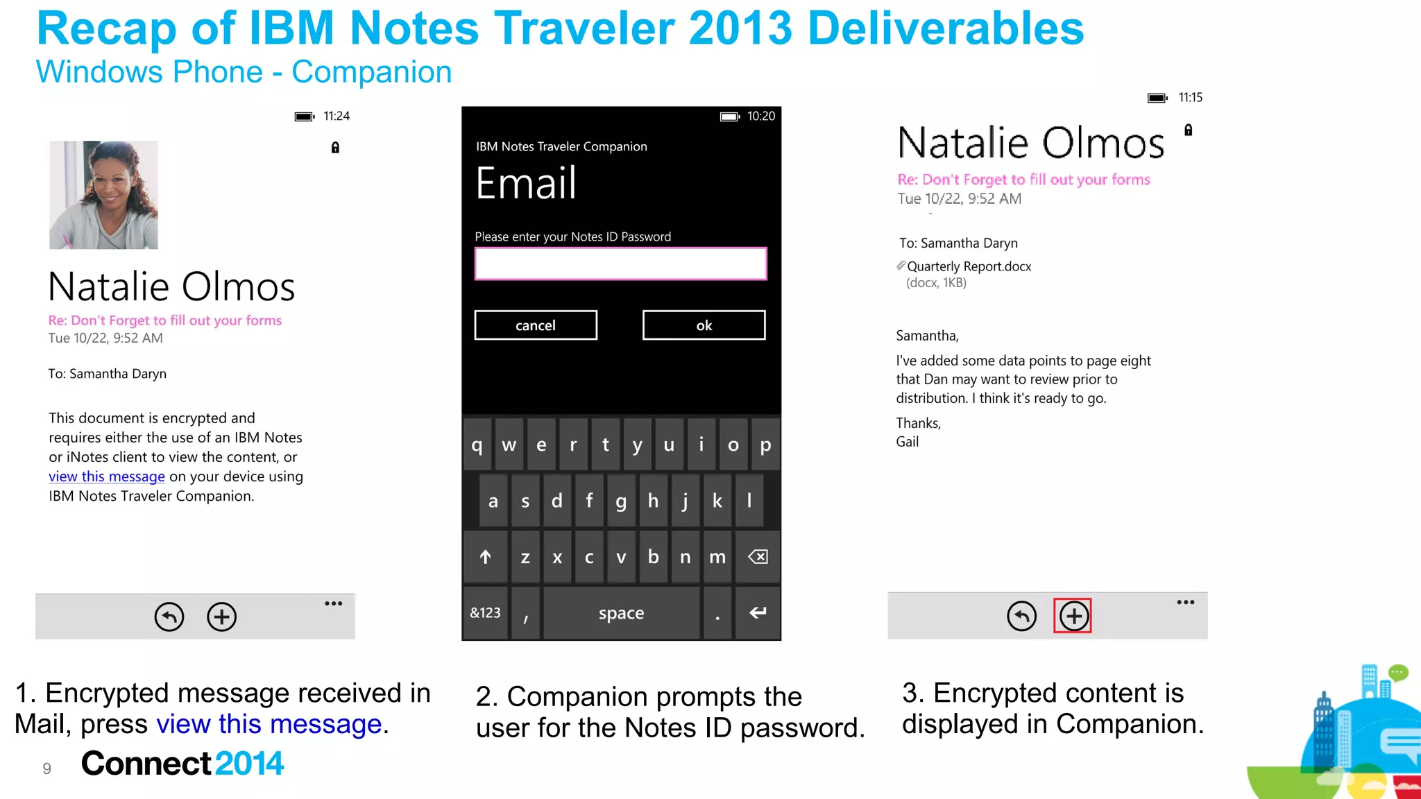 Recap of IBM Notes Traveler 2013 Deliverables
Windows Phone - Companion

1. Encrypted message received in
Mail, press view this message.
9

2. Companion prompts the
user for the Notes ID password.

3. Encrypted content is
displayed in Companion.

 