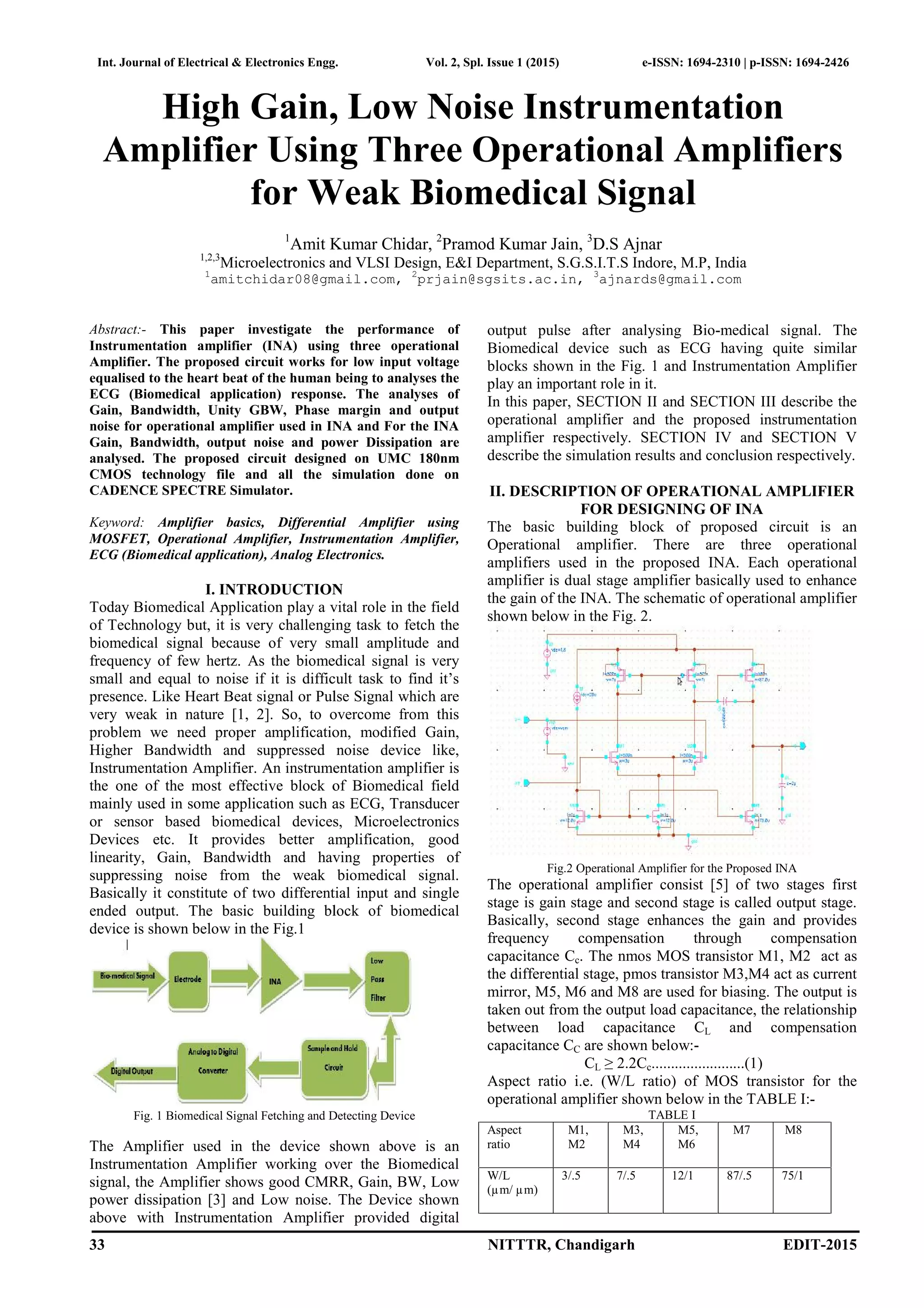 High Gain, Low Noise Instrumentation Amplifier Using Three Operational