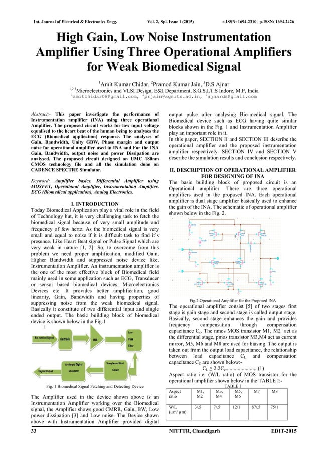 High Gain, Low Noise Instrumentation Amplifier Using Three Operational Amplifiers for Weak