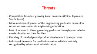 Threats
• Competition from fast growing Asian countries (China, Japan and
South Korea)
• More underemployment of the engineering graduates causes low
return on investments in engineering education.
• Loss of income to the engineering graduates through poor salaries
creates burden on their families
• Flooding of the design and product development by expatriates.
• Industry-4 demands for quality innovators which is not fully
recognized by educational administrators.
 
