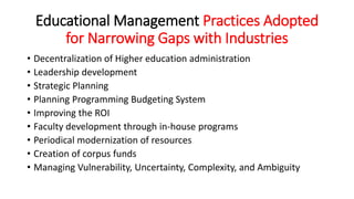 Educational Management Practices Adopted
for Narrowing Gaps with Industries
• Decentralization of Higher education administration
• Leadership development
• Strategic Planning
• Planning Programming Budgeting System
• Improving the ROI
• Faculty development through in-house programs
• Periodical modernization of resources
• Creation of corpus funds
• Managing Vulnerability, Uncertainty, Complexity, and Ambiguity
 