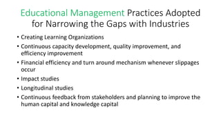 Educational Management Practices Adopted
for Narrowing the Gaps with Industries
• Creating Learning Organizations
• Continuous capacity development, quality improvement, and
efficiency improvement
• Financial efficiency and turn around mechanism whenever slippages
occur
• Impact studies
• Longitudinal studies
• Continuous feedback from stakeholders and planning to improve the
human capital and knowledge capital
 