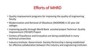 Efforts of MHRD
• Quality improvement programs for improving the quality of engineering
faculty
• Modernization and Removal of Obsolesce (MODROB) in 25 year old
colleges
• Improving quality through World Bank assisted project Technical Quality
Improvement (TECQIP) Project
• Centers of Excellence and Innovation are being established in many
technical universities
• Industry-Institute- Government- Society-Partnership is being established
for effective collaboration between the industry and engineering institutes
 
