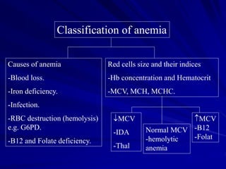 Classification of anemia
Causes of anemia
-Blood loss.
-Iron deficiency.
-Infection.
-RBC destruction (hemolysis)
e.g. G6PD.
-B12 and Folate deficiency.
Red cells size and their indices
-Hb concentration and Hematocrit
-MCV, MCH, MCHC.
MCV
-IDA
-Thal
MCV
-B12
-Folat
Normal MCV
-hemolytic
anemia
 