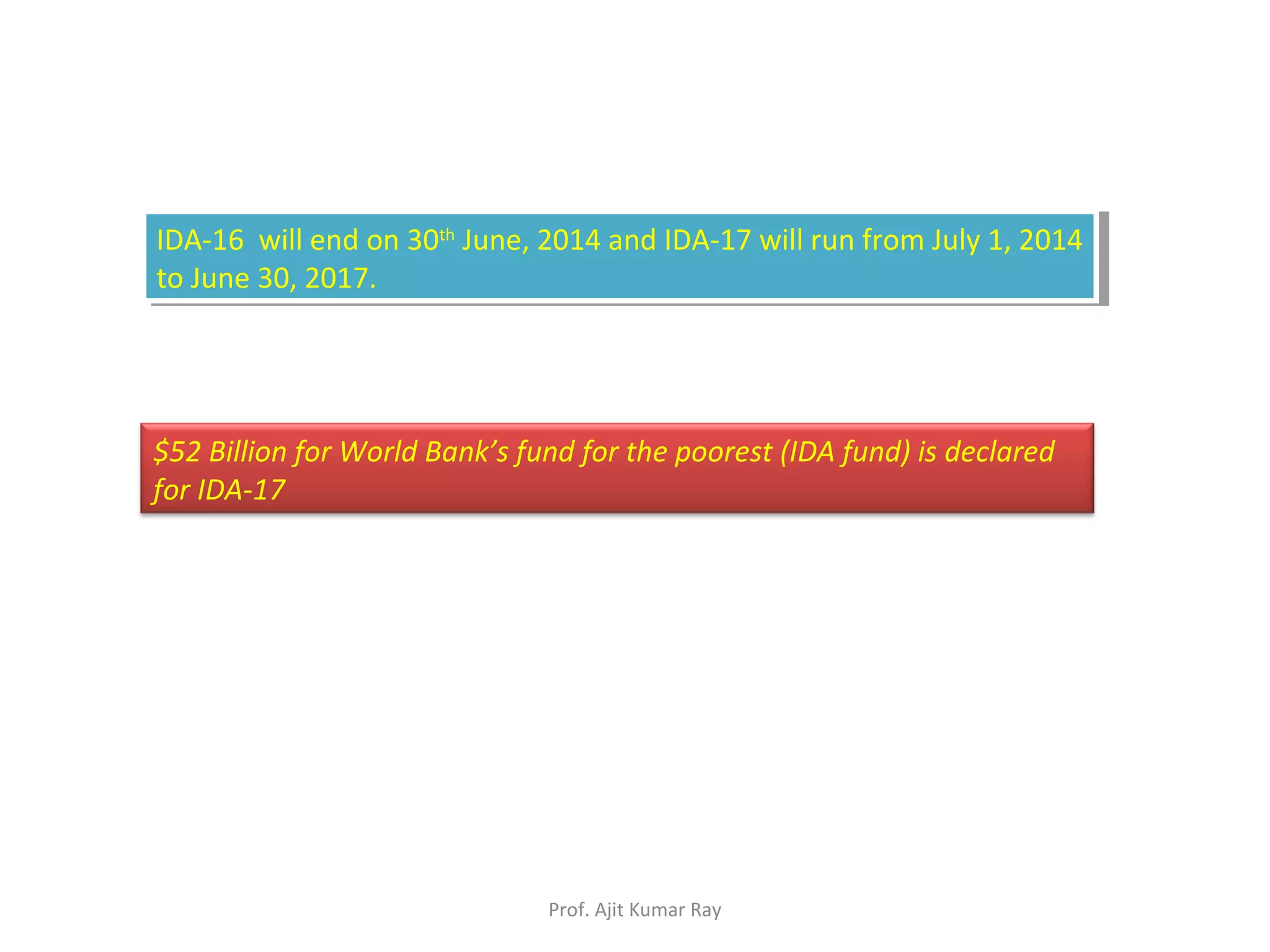 IDA-16 will end on 30th
June, 2014 and IDA-17 will run from July 1, 2014
to June 30, 2017.
IDA-16 will end on 30th
June, 2014 and IDA-17 will run from July 1, 2014
to June 30, 2017.
$52 Billion for World Bank’s fund for the poorest (IDA fund) is declared
for IDA-17
Prof. Ajit Kumar Ray
 
